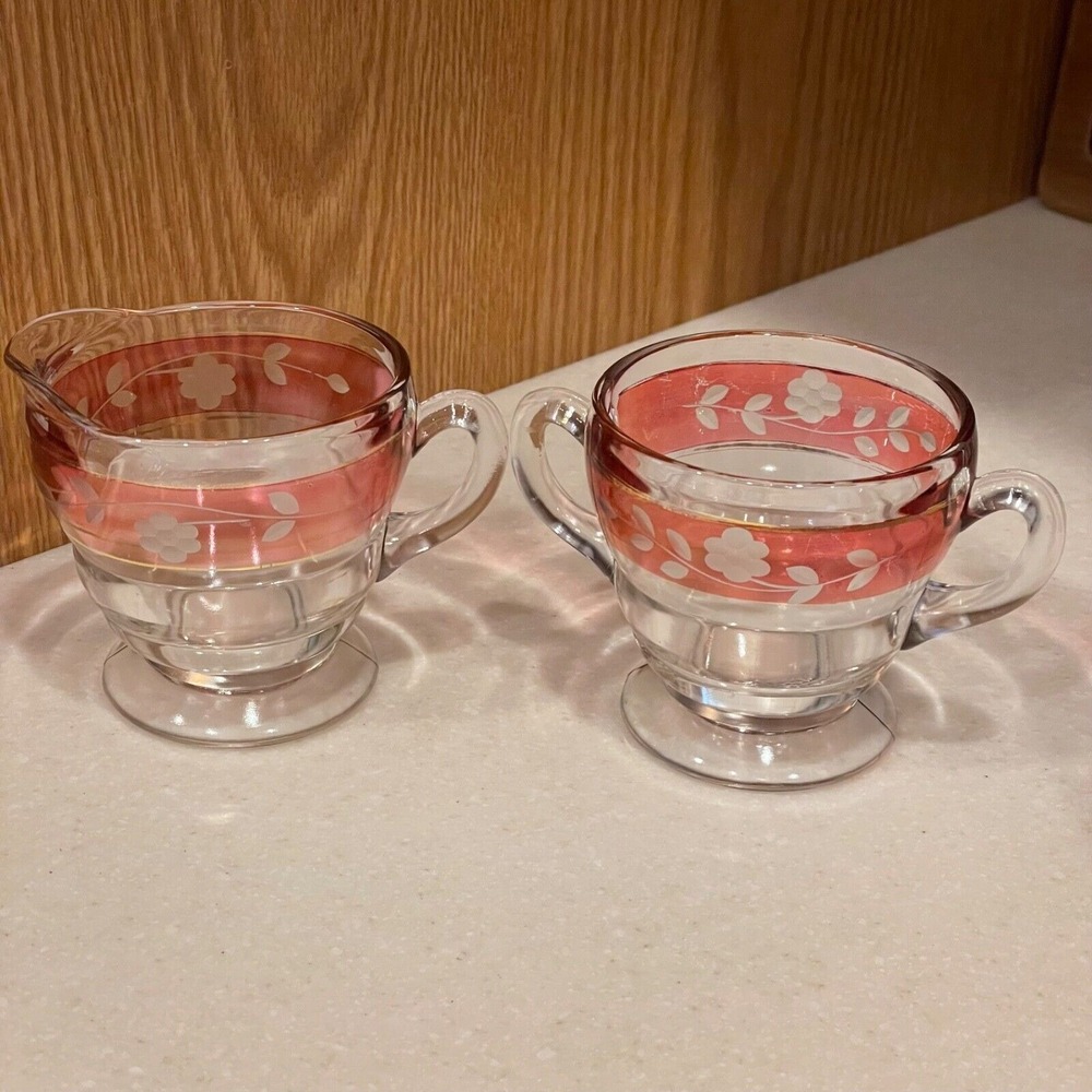 1950's Bartlett Collins ART DECO #52 Cut Open Sugar Bowl & Creamer Set Cranberry